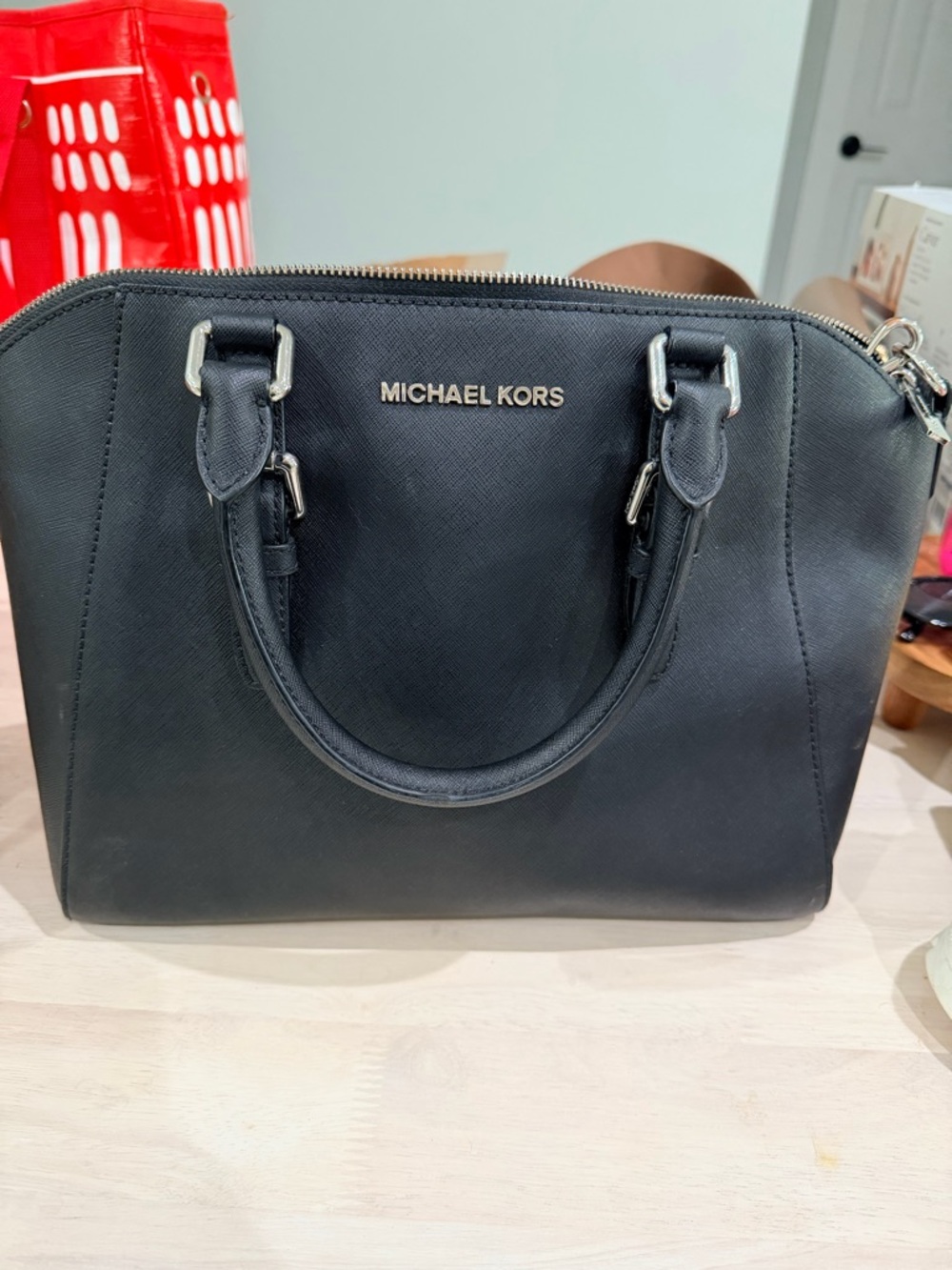 Michael Kors Black Saffiano Satchel with Gold Logo